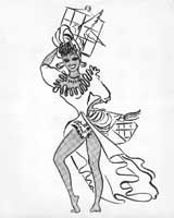 Sketch of Katherine Dunham with a caged bird on her head, artist unknown, 1948.